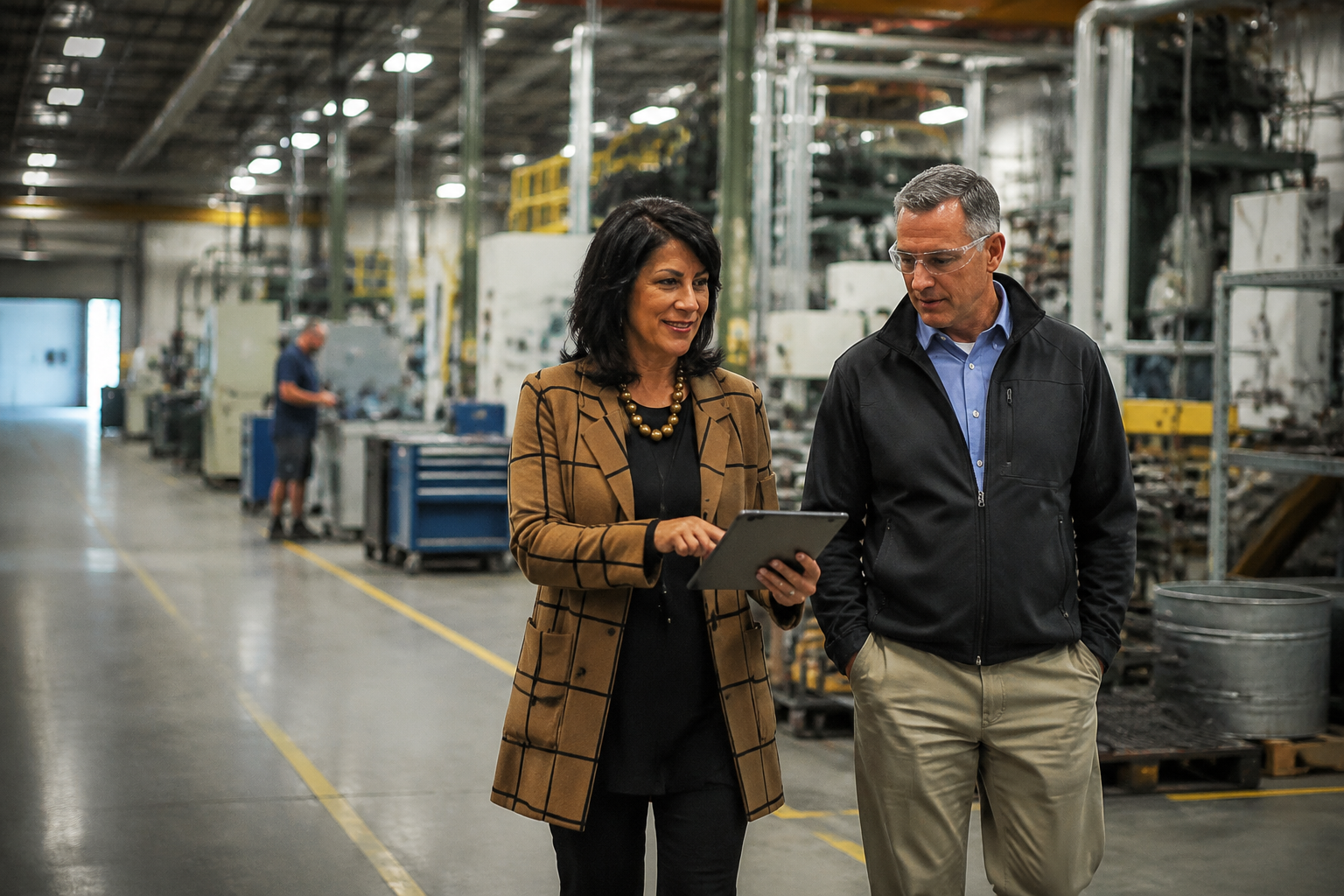 Toni in a factory Attorney with client in factory